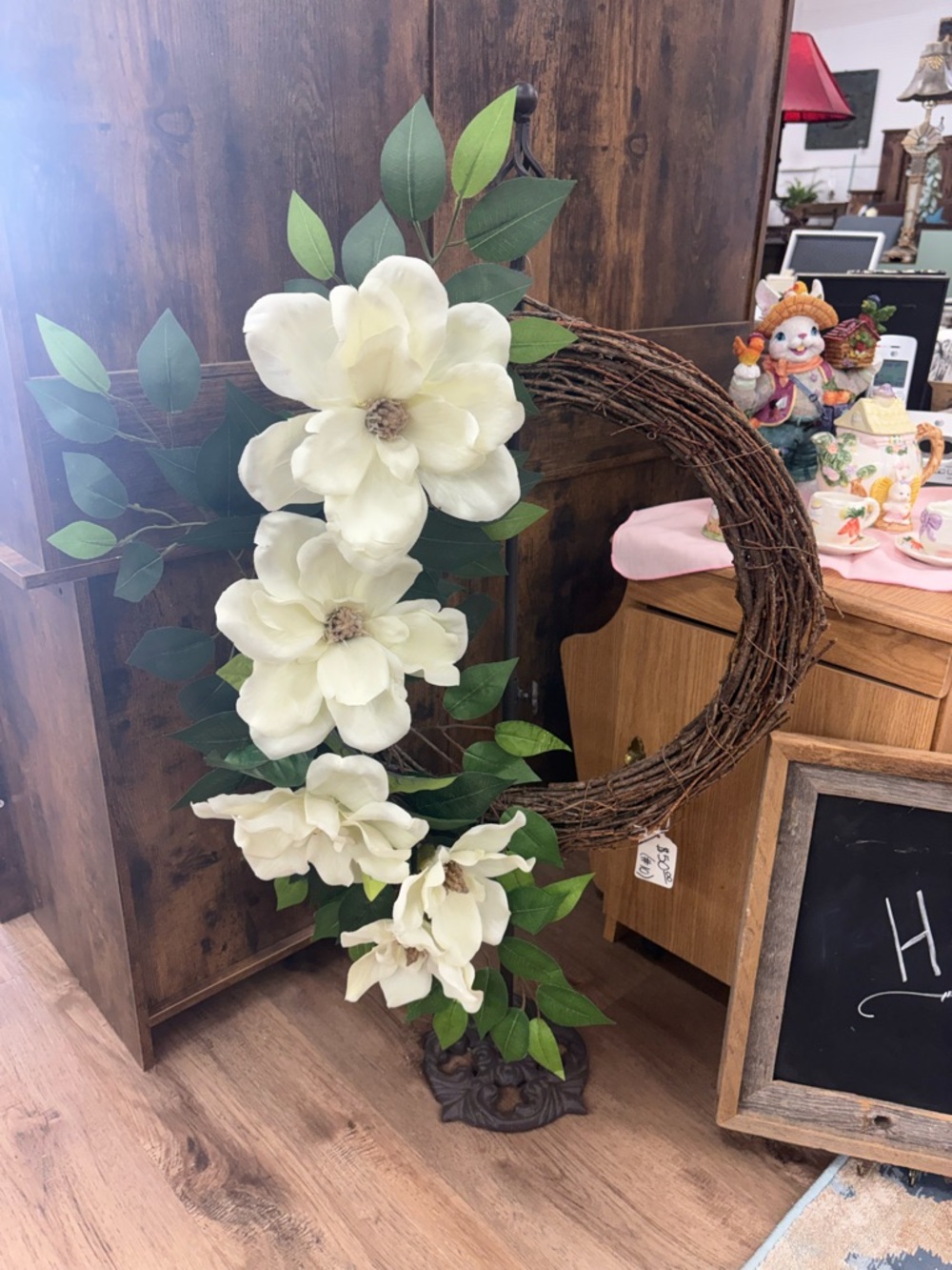 Cream Magnolia Grapevine Wreath with Green Leaves -